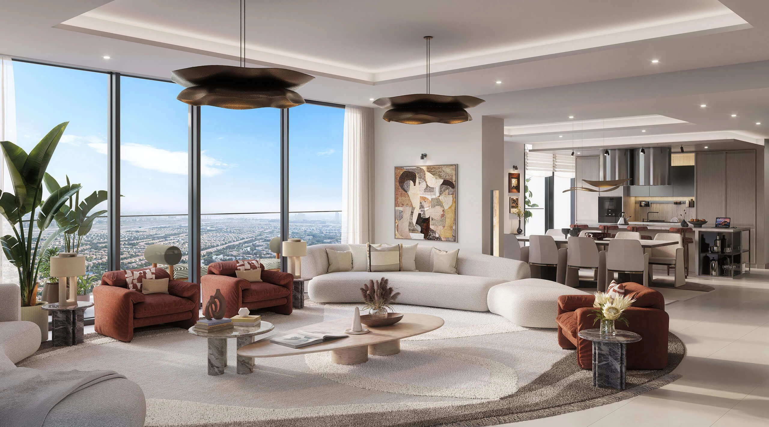 Ellington’s Eltiera Views living-room design with warm lounge furniture and floor-to-ceiling windows
