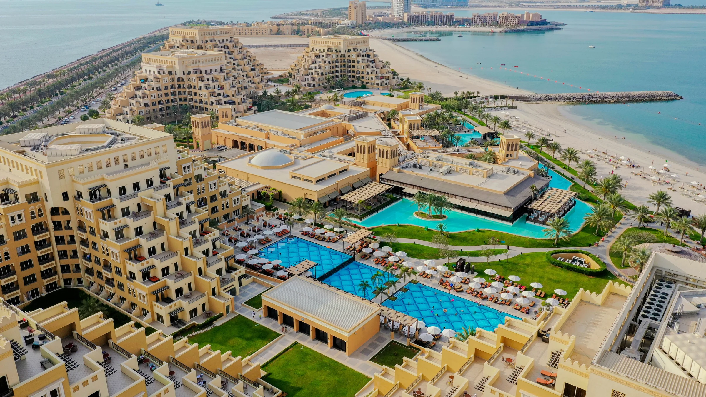 Aerial photograph of Rixos Bab Al Bahr and the beaches of Al Marjan Island, Ras Al Khaimah